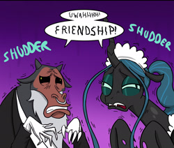 Size: 1927x1635 | Tagged: safe, artist:doublewbrothers, imported from derpibooru, lord tirek, queen chrysalis, centaur, changeling, changeling queen, butler, clothes, comic, cropped, cute, cutealis, derp, description is relevant, dialogue, duo, female, friendship, hilarious in hindsight, maid, male, onomatopoeia, open mouth, reaction image, shuddering, tirebetes