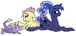 Size: 876x414 | Tagged: safe, artist:n3rv0us, imported from derpibooru, fluttershy, princess luna, wyvern, alternate hairstyle, female, lesbian, lunashy, prone, shipping, simple background