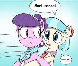 Size: 1172x1000 | Tagged: safe, artist:doublewbrothers, edit, imported from derpibooru, coco pommel, suri polomare, earth pony, pony, cropped, cute, dialogue, duo, female, mare, notice me senpai, senpai, speed lines