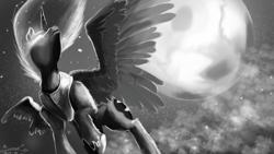 Size: 1280x720 | Tagged: safe, artist:thelunarsea, imported from derpibooru, nightmare moon, female, flying, monochrome, moon, sky, solo