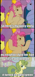 Size: 450x974 | Tagged: safe, edit, edited screencap, imported from derpibooru, screencap, carrot top, clover (g1), golden harvest, patch (g1), earth pony, pony, boast busters, my little pony tales, shop talk, background pony, bipedal, bipedal leaning, caption, female, g1, green hair, green mane, leaning, lyrics, mare, meme