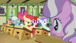 Size: 1366x768 | Tagged: safe, imported from derpibooru, screencap, apple bloom, diamond tiara, liza doolots, petunia, scootaloo, silver spoon, tootsie flute, twist, family appreciation day, lip bite, smug