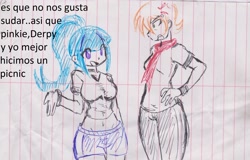 Size: 2209x1417 | Tagged: safe, artist:elgatosabio, imported from derpibooru, ms. harshwhinny, sonata dusk, equestria girls, belly button, clothes, dialogue, duo, female, gym uniform, lined paper, midriff, short shirt, shorts, spanish, t-shirt, text, traditional art, translated in the comments