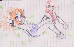 Size: 2257x1417 | Tagged: safe, artist:elgatosabio, imported from derpibooru, adagio dazzle, ms. harshwhinny, equestria girls, clothes, duo, female, grass, gym uniform, lined paper, on back, shoes, shorts, sneakers, t-shirt, traditional art