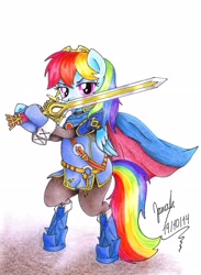 Size: 1672x2284 | Tagged: safe, artist:janadashie, imported from derpibooru, rainbow dash, pegasus, pony, bipedal, cape, clothes, costume, female, fire emblem, fire emblem awakening, fire emblem: awakening, lucina, solo, sword, traditional art, weapon