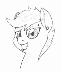 Size: 938x1117 | Tagged: safe, artist:trickydick, imported from derpibooru, scootaloo, female, grin, metaloo, monochrome, piercing, portrait, sketch, solo