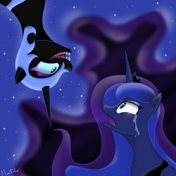 Size: 4000x4000 | Tagged: safe, artist:missitofu, imported from derpibooru, nightmare moon, princess luna, alicorn, pony, absurd resolution, crying, duality, nightmare, sharp teeth