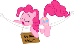 Size: 983x578 | Tagged: safe, artist:zacatron94, imported from derpibooru, pinkie pie, earth pony, pony, eyes closed, female, hammock, mare, sign, simple background, sleeping, solo, transparent background