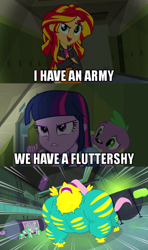 Size: 500x843 | Tagged: safe, edit, edited screencap, imported from derpibooru, screencap, fluttershy, saddle rager, sunset shimmer, twilight sparkle, equestria girls, avengers, flutterhulk, image macro, loki, meme, tony stark