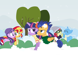 Size: 1400x1030 | Tagged: safe, artist:dm29, imported from derpibooru, flash sentry, moondancer, starlight glimmer, sunset shimmer, trixie, twilight sparkle, alicorn, pegasus, pony, unicorn, advent calendar, counterparts, female, flash sentry is not amused, flashlight, harem, holiday horse days, magical quintet, male, mare, shipping, snow, snowball, snowball fight, straight, twilight sparkle (alicorn), twilight's counterparts, unamused