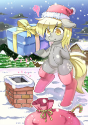 Size: 1000x1411 | Tagged: safe, artist:shepherd0821, imported from derpibooru, derpy hooves, pony, bipedal, chimney, clothes, female, floppy ears, hat, present, santa hat, seasons, snow, snowfall, socks, solo, thigh highs