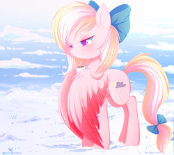 Size: 1024x914 | Tagged: safe, artist:pastelmistress, deleted from derpibooru, imported from derpibooru, oc, oc only, oc:bay breeze, bow, hair bow, mug, snow, solo, wing hands, winter