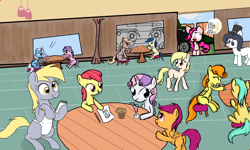 Size: 900x540 | Tagged: safe, artist:shutterflye, artist:woox, imported from derpibooru, apple bloom, carrot top, derpy hooves, golden harvest, pinkie pie, scootaloo, sunshower raindrops, sweetie belle, trixie, oc, oc:dizzy cream, oc:hattsy, pegasus, pony, collaboration, cutie mark, cutie mark crusaders, female, food, mare, missing cutie mark, muffin, multiple artists, restaurant