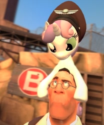Size: 674x812 | Tagged: safe, artist:demongmod, imported from derpibooru, sweetie belle, human, pony, 3d, cute, medic, ponies riding humans, pony hat, riding, sweetiehat, team fortress 2