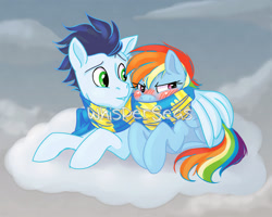 Size: 1600x1280 | Tagged: safe, artist:whisperseas, imported from derpibooru, rainbow dash, soarin', pony, blushing, clothes, cloud, cuddling, cute, dashabetes, female, hug, male, scarf, shared clothing, shared scarf, shipping, snuggling, soarindash, straight, tsunderainbow, tsundere, watermark, winghug