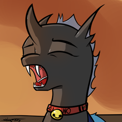 Size: 1000x1000 | Tagged: safe, artist:shikogo, imported from derpibooru, oc, oc only, oc:kuno, changeling, bell, bell collar, changeling oc, collar, cute, cuteling, digital art, female, morning ponies, open mouth, solo, sunrise, yawn