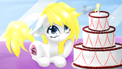 Size: 3840x2160 | Tagged: dead source, safe, artist:an-m, imported from derpibooru, oc, oc only, oc:aryanne, earth pony, pony, aryan, aryan pony, aryanbetes, bed, birthday, cake, cloud, cute, eating, female, figure, food, frosting, gift art, heart, heil, looking up, nazi, nazipone, plate, pony oc, sieg heil, solo, swastika, window, zeppelin