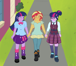 Size: 1280x1109 | Tagged: safe, artist:pewycert, imported from derpibooru, sci-twi, sunset shimmer, twilight sparkle, equestria girls, friendship games, counterparts, female, lesbian, magical trio, ot3, polyamory, scitwishimmer, shipping, sunset twiangle, sunsetsparkle, twilight sparkle (alicorn), twilight's counterparts, twolight