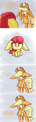 Size: 1280x4254 | Tagged: safe, artist:heir-of-rick, imported from derpibooru, part of a set, apple bloom, applejack, daily apple pony, comic, cute, dialogue, flashback, floppy ears, impossibly large ears, nervous, pigtails, snow, snowfall, younger