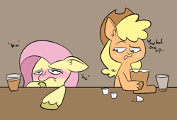 Size: 852x576 | Tagged: safe, artist:typhwosion, imported from derpibooru, applejack, fluttershy, earth pony, pegasus, pony, drunk, drunkershy, duo, female, mare