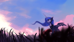 Size: 1280x720 | Tagged: dead source, safe, artist:hierozaki, imported from derpibooru, princess luna, female, scenery, sky, solo, spread wings, wip