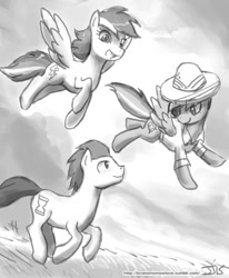 Size: 800x970 | Tagged: safe, artist:johnjoseco, imported from derpibooru, daring do, doctor whooves, rainbow dash, time turner, pegasus, pony, black and white, female, flying, grayscale, male, mare, monochrome, running, stallion