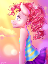 Size: 768x1024 | Tagged: safe, artist:iponylover, imported from derpibooru, pinkie pie, anthro, bare shoulders, clothes, cloud, cute, diapinkes, female, profile, skirt, solo, sunlight, tanktop