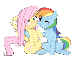 Size: 1280x956 | Tagged: safe, artist:30clock, imported from derpibooru, fluttershy, rainbow dash, pegasus, pony, blushing, boop, female, flutterdash, heart, lesbian, mare, noseboop, one eye closed, raised hoof, shipping, simple background, smiling, transparent background, wide eyes, wingboner, wink