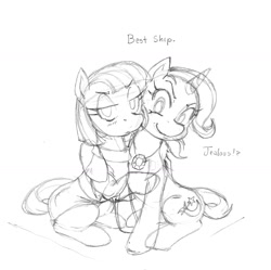 Size: 1280x1274 | Tagged: safe, artist:nauth, imported from derpibooru, maud pie, trixie, pony, unicorn, female, hug, lesbian, mare, mauxie, monochrome, shipping