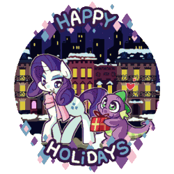 Size: 500x500 | Tagged: dead source, safe, artist:panyang-panyang, imported from derpibooru, rarity, spike, animated, city, clothes, female, heart, male, present, scarf, shipping, smiling, snow, sparity, straight