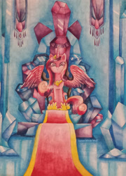 Size: 1560x2164 | Tagged: safe, artist:lunar-white-wolf, imported from derpibooru, princess cadance, both cutie marks, crystal, female, looking at you, sitting, solo, spread wings, throne, traditional art