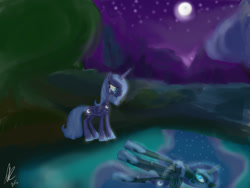 Size: 1400x1050 | Tagged: safe, artist:xjunexfandomsx, imported from derpibooru, nightmare moon, princess luna, crying, duality, lake, night, reflection, s1 luna, water