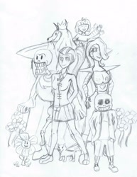 Size: 2550x3300 | Tagged: safe, artist:killerkool99, deleted from derpibooru, imported from derpibooru, sonata dusk, asgore dreemurr, crossover, flowey, mettaton, monochrome, papyrus, papyrus (undertale), sans (undertale), undertale