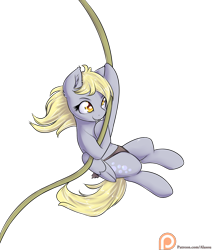 Size: 1375x1625 | Tagged: safe, artist:alasou, imported from derpibooru, derpy hooves, pegasus, pony, clothes, female, mare, patreon, patreon logo, simple background, solo, swinging, tarzan, transparent background, vine