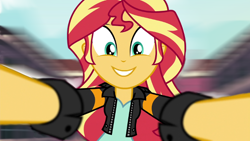 Size: 672x378 | Tagged: safe, edit, imported from derpibooru, sunset shimmer, equestria girls, friendship games, cute, daaaaaaaaaaaw, grin, happy, inverted mouth, motion blur, shimmerbetes, smiling, sunedge shimmer