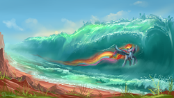 Size: 1920x1080 | Tagged: dead source, safe, artist:shamanguli, imported from derpibooru, rainbow dash, female, flying, rainbow trail, scenery, solo, water, wave