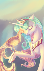 Size: 1200x1920 | Tagged: safe, artist:vezar56, imported from derpibooru, philomena, princess celestia, alicorn, phoenix, pony, boop, eyes closed, noseboop, portrait