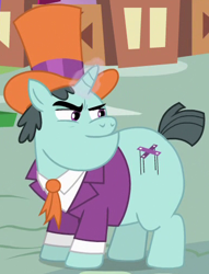 Size: 382x499 | Tagged: safe, imported from derpibooru, screencap, claude, pony, unicorn, inspiration manifestation, clothes, cropped, fat, hat, male, solo, stallion, suit, top hat