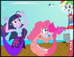 Size: 2770x2136 | Tagged: safe, artist:physicrodrigo, imported from derpibooru, part of a set, pinkie pie, rainbow dash, twilight sparkle, angler fish, human, mermaid, series:equestria mermaids, equestria girls, ariel, bucket, clothes, cosplay, costume, dr. wily, dress, high res, human ponidox, mega man (series), megaman, mermaidized, necklace, ocean, part of a series, pier, self ponidox, species swap, story included, the little mermaid, torn clothes, trio, when you see it
