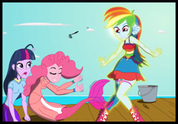 Size: 4629x3243 | Tagged: safe, artist:physicrodrigo, imported from derpibooru, part of a set, pinkie pie, rainbow dash, twilight sparkle, angler fish, human, mermaid, pony, series:equestria mermaids, equestria girls, ariel, bucket, clothes, cosplay, costume, dr. wily, dress, earfins, gills, high res, human ponidox, mermaidized, necklace, ocean, panties, panties around legs, panties pulled down, part of a series, pier, pink underwear, pinkie prick, scales, self ponidox, species swap, story included, the little mermaid, transformation, trio, underwear, when you see it