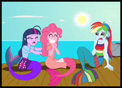 Size: 4027x2910 | Tagged: safe, artist:physicrodrigo, imported from derpibooru, part of a set, pinkie pie, rainbow dash, twilight sparkle, angler fish, mermaid, series:equestria mermaids, equestria girls, ariel, bucket, clothes, cosplay, costume, crying, dress, earfins, gills, high res, mermaidized, ocean, part of a series, pier, pinkie prick, skirt, species swap, story included, the little mermaid, torn clothes, transformation, trio, webbed fingers