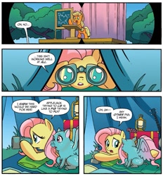 Size: 1291x1394 | Tagged: safe, artist:tonyfleecs, idw, imported from derpibooru, applejack, fluttershy, pigasus, spoiler:comic, spoiler:comicff23, binoculars, lantern, podium