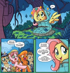 Size: 1318x1379 | Tagged: safe, artist:tonyfleecs, idw, imported from derpibooru, doctor whooves, fluttershy, nosey news, time turner, pony, spoiler:comic, spoiler:comicff23, circling stars, dizzy, lying, male, quill (character), shocked, stallion