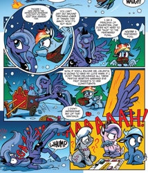 Size: 1337x1565 | Tagged: safe, artist:brendahickey, idw, imported from derpibooru, diamond tiara, princess luna, rainbow dash, silver spoon, alicorn, deer, pony, reindeer, spoiler:comic, spoiler:comicholiday2015, cloven hooves, deerified, floppy ears, fruitcake, injured, injured wing, monopoly, pain, reindeer dash, s1 luna, screaming, species swap