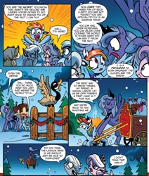 Size: 1318x1552 | Tagged: safe, artist:brendahickey, idw, imported from derpibooru, diamond tiara, princess luna, rainbow dash, silver spoon, alicorn, bird, canada goose, deer, goose, pony, reindeer, spoiler:comic, spoiler:comicholiday2015, animal, antlers, cloven hooves, deerified, doe, female, mare, reindeer dash, s1 luna, snow, species swap