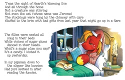 Size: 1283x819 | Tagged: safe, artist:andypriceart, idw, imported from derpibooru, big macintosh, cat, spoiler:comic, spoiler:comicholiday2015, bed, book, candle, male, text, twas the night before christmas