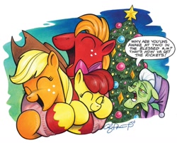 Size: 1328x1070 | Tagged: safe, artist:andypriceart, idw, imported from derpibooru, apple bloom, applejack, big macintosh, granny smith, earth pony, pony, spoiler:comic, spoiler:comicholiday2015, apple family, christmas tree, group hug, hug, male, stallion, tree