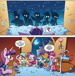 Size: 1377x1389 | Tagged: safe, artist:katiecandraw, idw, imported from derpibooru, applejack, cuppa joe, fluttershy, pinkie pie, rainbow dash, rarity, spike, twilight sparkle, alicorn, pony, spoiler:comic, spoiler:comicholiday2015, clothes, faic, female, mane seven, mane six, mare, nose in the air, present, twilight sparkle (alicorn), winter outfit