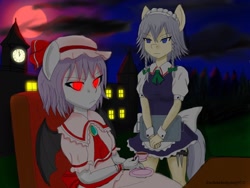 Size: 2048x1536 | Tagged: source needed, safe, artist:zachthehedgehog97-2, imported from derpibooru, anthro, bat pony, vampire, blood moon, clothes, cup, dress, duo, female, glowing eyes, hat, izayoi sakuya, maid, mare, mob cap, pigtails, ponified, red eyes, remilia scarlet, ribbon, skirt, teacup, touhou