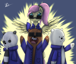 Size: 4467x3758 | Tagged: safe, artist:wolfy-pony, imported from derpibooru, fluttershy, bear, grizzly bear, panda, pegasus, polar bear, pony, absurd resolution, cartoon network, clothes, crossover, grizz, grizzly, ice bear, jacket, open mouth, panda (we bare bears), signature, smiling, spread wings, sunglasses, we bare bears